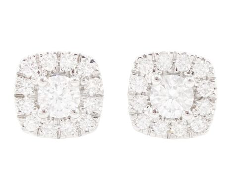 Pair of 14ct white gold round brilliant cut diamond cluster stud earrings, stamped, total diamond weight approx 1.00 caratCon