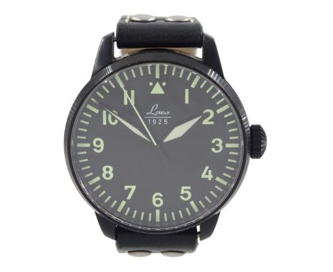 Laco Pilot gentleman's black stainless steel automatic wristwatch, black dial with luminous Arabic hour markers, glass exhibi