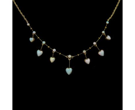 Early 20th century gold heart opal fringe necklace, nine round cabochon opals, seven suspending heart cut opal pendants, to a