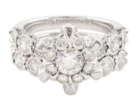 White gold round brilliant cut diamond cluster ring, with diamond set shoulders, total diamond weight 1.87 carat, with a matc