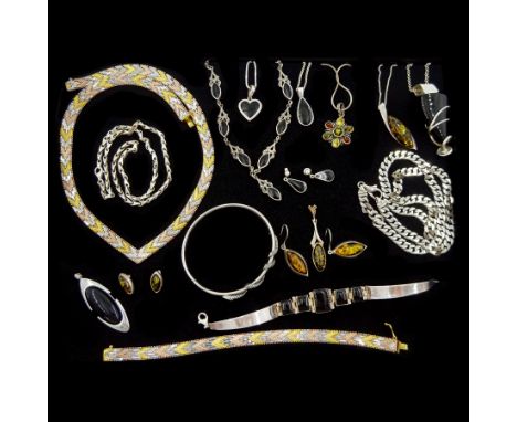 Silver and stone jewellery including snake bangle, three jet pendant necklaces, one other jet necklace, pair of jet earrings,
