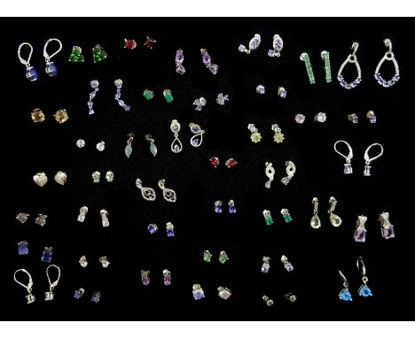 Forty-one pairs of silver stone set stud earrings including tanzanite, topaz, amethyst, quartz, chrome diopside and garnetCon