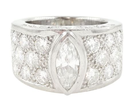 Platinum marquise cut diamond ring, with pave set round brilliant cut diamond shoulders and round brilliant cut and pear cut 