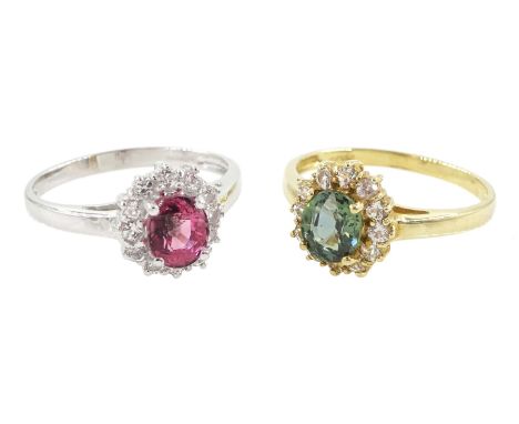 Gold oval cut colour change sapphire and white sapphire cluster ring and a white gold pink tourmaline and white topaz cluster