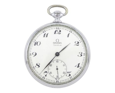 Omega chrome open face lever pocket watch, Ref. 121.1726, Cal 830, white dial with Arabic numerals and subsidiary seconds dia