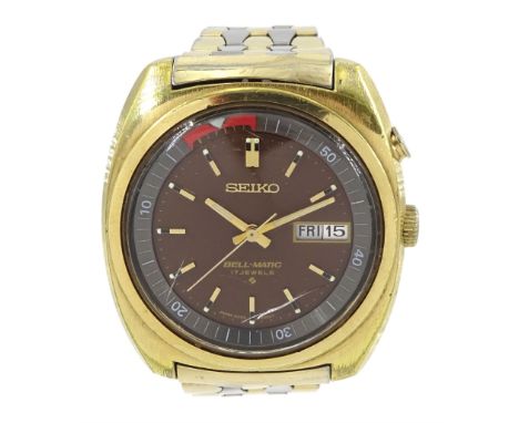 Seiko Bell-Matic gentleman's gold-plated and stainless steel automatic wristwatch, Ref. 4006-6031, brown dial with baton hour