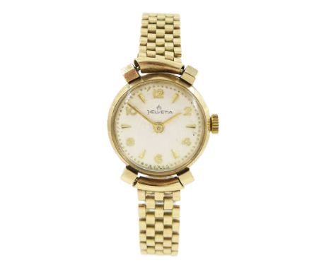 Helvetia ladies 9ct gold manual wind wristwatch, on 9ct gold bracelet, hallmarkedCondition Report:Approx 12gm (excluding move