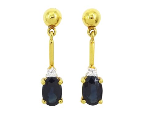 Pair of 18ct gold oval cut sapphire and round brilliant cut diamond pendant stud earrings, total sapphire weight approx 1.70 