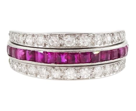 Early 20th century platinum single cut diamond and calibre cut ruby and sapphire swivel ringCondition Report:Approx 5.4gm, si