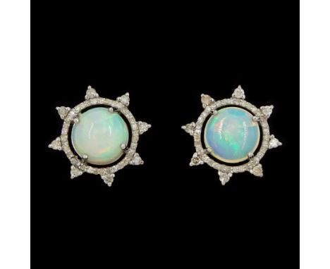 Pair of silver and 14ct gold opal and diamond stud earrings, round cabochon opals with round brilliant cut diamond surround, 