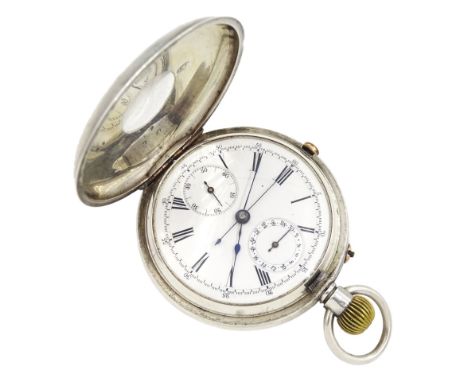 Early 20th century silver open face keyless lever chronograph pocket watch, examined by J.W. Benson, no. 1969, white enamel d