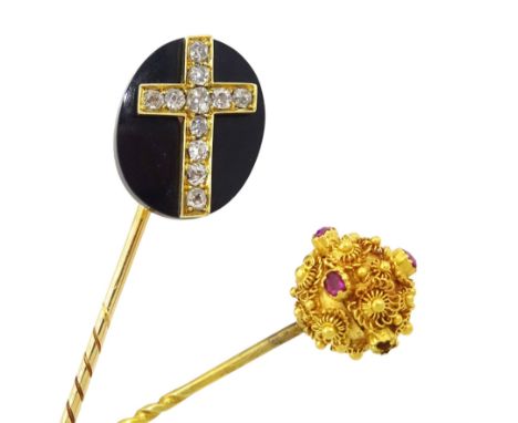 19th century 14ct gold black glass stick pin,with applied gold old cut diamond cross, glazed back with detachable pin and one