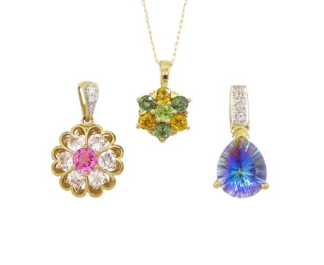 Gold green and yellow sapphire cluster pendant necklace, gold spinel and morganite flower head cluster pendant and a quartz a