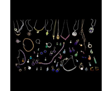 Collection of silver and stone set silver jewellery lapis-lazuli earrings, amethyst earrings, tanzanite, opal, malachite and 