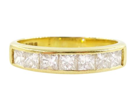 18ct gold channel set, princess cut diamond, seven stone half eternity ring, Sheffield 1996, total diamond wight approx 0.95 
