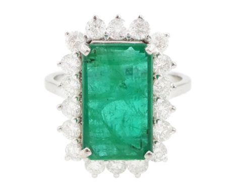 18ct white gold octagonal cut emerald and round brilliant cut diamond cluster ring, stamped, emerald 54.45 carat, total diamo