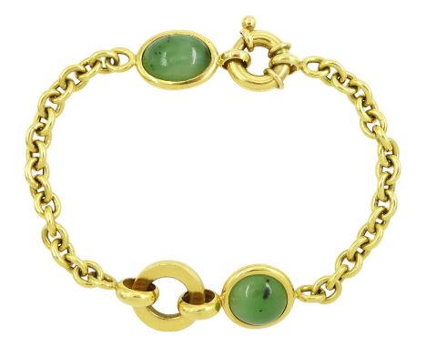 French 18ct gold two stone cabochon nephrite jade bracelet, Eagle hallmarkCondition Report:Approx 14.75gm, length = 21cm, max