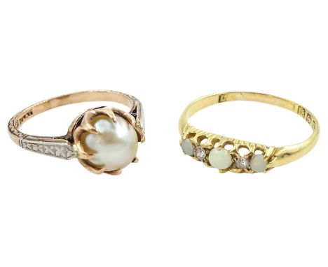 Victorian 18ct gold five stone opal and old cut diamond ring, Birmingham 1900 and a single stone pearl ring, stamped 9ct Plat