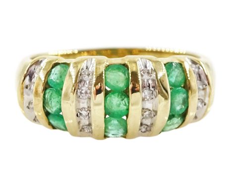 9ct gold emerald and diamond chip half eternity ring, hallmarkedCondition Report:Approx 3.2gm, size N, max depth = 7.2mm, goo