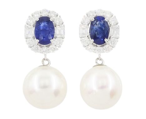 Pair of 18ct white gold sapphire, diamond and pearl pendant stud earrings, the oval cut sapphires, round brilliant cut and em