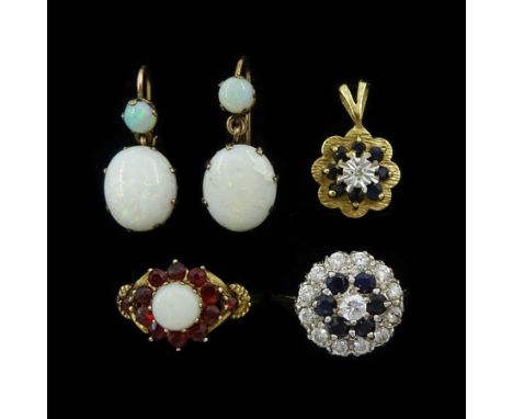 Pair of gold opal pendant earrings, gold sapphire and cubic zirconia cluster ring, opal and garnet cluster ring and a sapphir