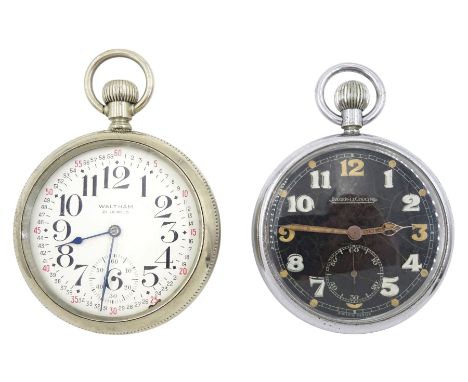 Jaeger-LeCoultre WWII military issue nickle plated, open face lever pocket watch, black dial with Arabic numerals and subsidi