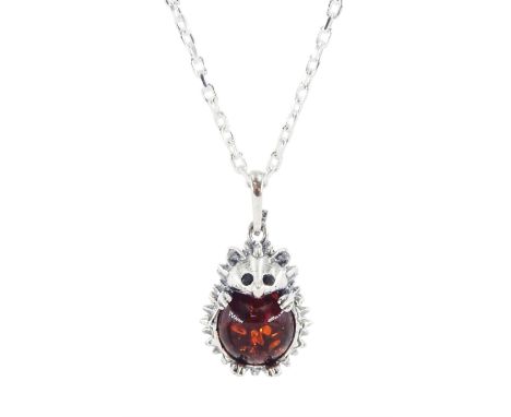 Silver Baltic amber hedgehog pendant necklace, stamped 925 Condition Report:Pendant length = 30mm, good condition