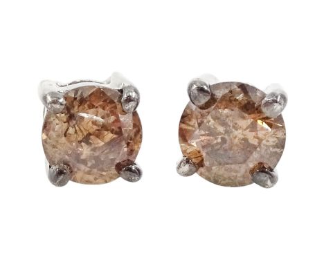 Pair of 9ct white gold round brilliant cut fancy brown colour diamond stud earrings, hallmarked, total diamond weight approx 