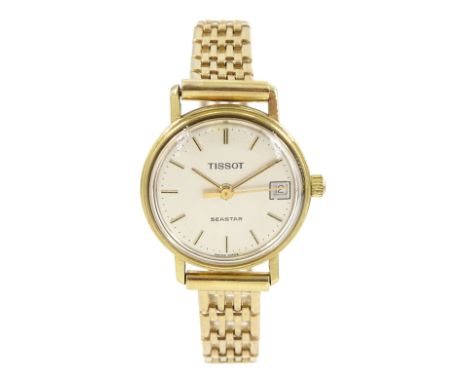 Tissot Seastar ladies 9ct gold quartz wristwatch, silvered dial with baton hour markers and date aperture, on 9ct gold bracel