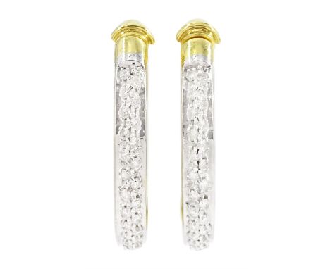 Pair of 18ct white and yellow gold pave set, round brilliant cut diamond hoop earrings, stamped 750, total diamond weight app