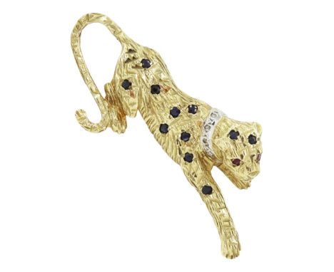 9ct gold sapphire, ruby and diamond leopard brooch, hallmarkedCondition Report:Approx 6.65gm, back pin also 9ct tested, lengt