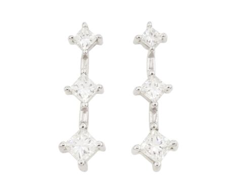 Pair of 18ct white gold three stone, princess cut diamond pendant stud earrings, hallmarked, total diamond weight approx 0.40