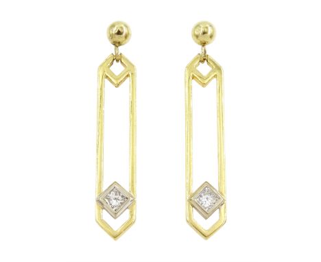 Pair of 18ct gold princess cut diamond pendant stud earrings, total diamond weight approx 0.25 caratCondition Report:Approx 5
