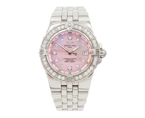 Breitling Starliner ladies stainless steel quartz wristwatch, Ref. A71340, pink mother of pearl dial with diamond dot hour ma