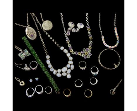Collection of silver and stone set silver jewellery including topaz necklace, amethyst earrings, moonstone necklace, opal tri