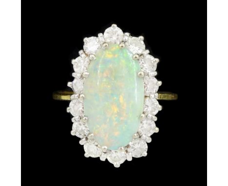 18ct gold opal and round brilliant cut diamond cluster ring, opal approx 1.45 carat, total diamond weight approx 1.00 caratCo