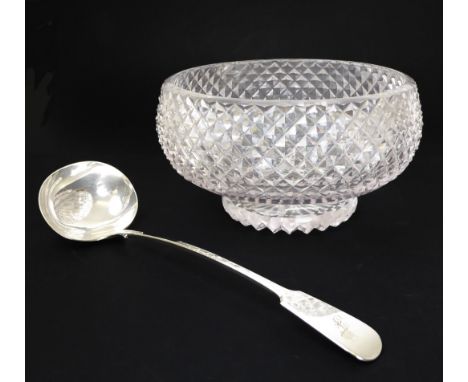 A vintage cut glass punch bowl - with diamond cut decoration and star cut base, 26.5cm. diameter; together with a silver plat