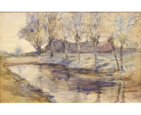 Ernest R. Fox NEA (British, exh. 1883-1919) River landscape with farm buildings and pollarded willows watercolour, signed and