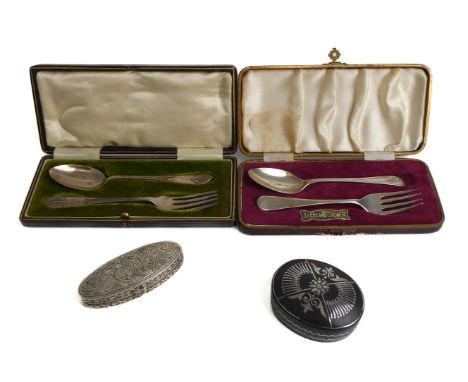 Two small white metal trinket boxes, together with two silver christening fork &amp; spoons sets (cased), assayed Sheffield 1