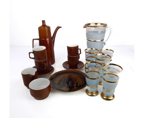 A vintage 1950s-60s frosted and gilt lemonade set, plus a retro 1970s pottery coffee set and a Poole Pottery plate