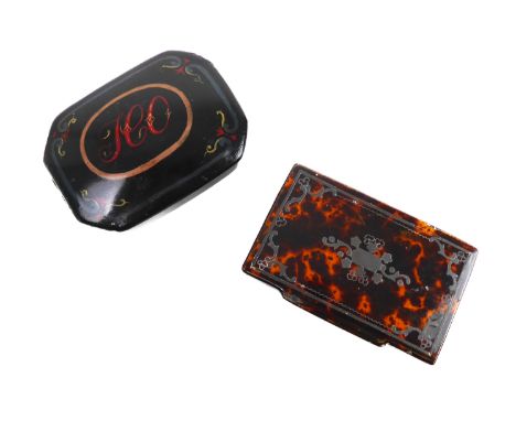 Two 19th century snuff boxes - comprising a rectangular tortoiseshell and papier-mache box with pique work decoration, 7.3cm.