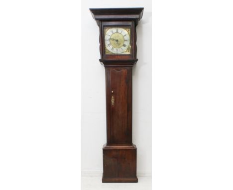 A late 18th century oak longcase clock - the weight driven 30 hour movement with four knopped pillars, outside countwheel str