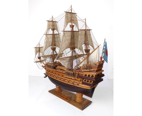 A handmade wooden model of a 19th century Spanish galleon - Spanish, late 20th century, on a wooden stand with plaque inscrib