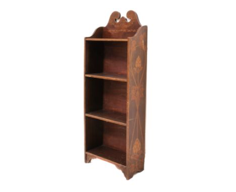 A French early 20th century Art Nouveau style open bookcase with pokerwork decoration - of small proportions, the broken arch
