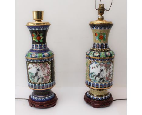 A pair of Chinese cloisonné vase table-lamps: late 20th century, each with two reserves of a cat and butterflies in a garden 