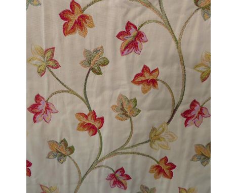 A pair of curtains with tie backs in a heavy tapestry effect fabric; triple pinch pleat heading, cream cotton top lining (eac