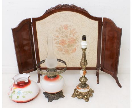 Two antique-style table lamps - one in the style of a Victorian glass and gilt-metal oil lamp, painted with flowers, 53cm. hi