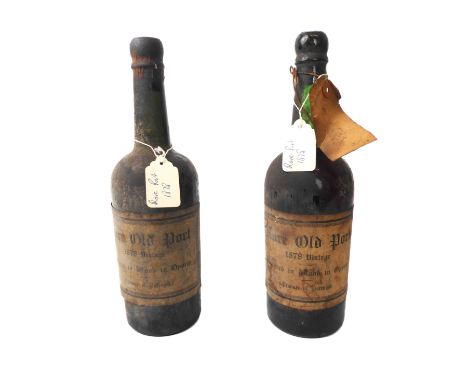 Two bottles of Rare Old Port - 1878 Vintage - Matured in Wood in Oporto. (Levels - 1. close to the bottom of the neck. 2. bot