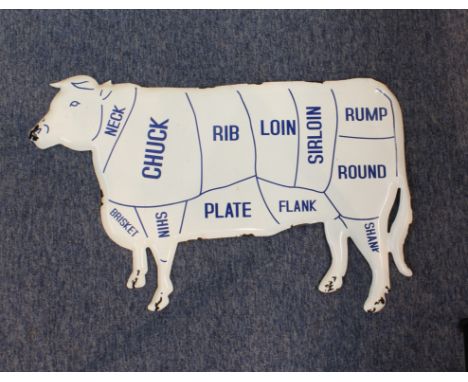 An enamel 'Cuts of Beef' butcher&rsquo;s plaque: late 20th century, 81.5cm long, 49.5cm high.