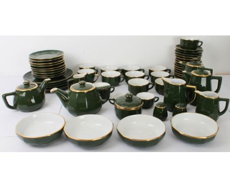 A French bistro-style part tea, coffee and dinner service by Apilco Porcelaine - modern, dark green glazed with gilt lined ed